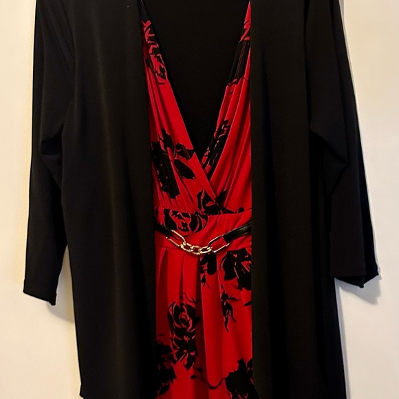 Jaclyn Smith Collection XL Red Black Floral Faux Wrap Dress Overlay Cardigan - Picture 16 of 16